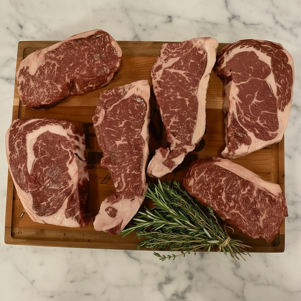Assortment of fresh beef steaks on a wooden cutting board, including NY Strip, Rib Eye, and Filet Mignon.