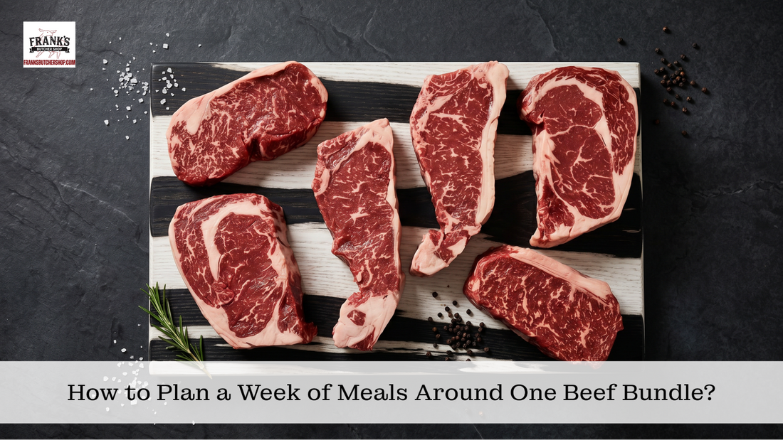 Assorted beef cuts from a beef bundle including steaks and roasts arranged on striped board with rosemary and peppercorns for week meal planning.