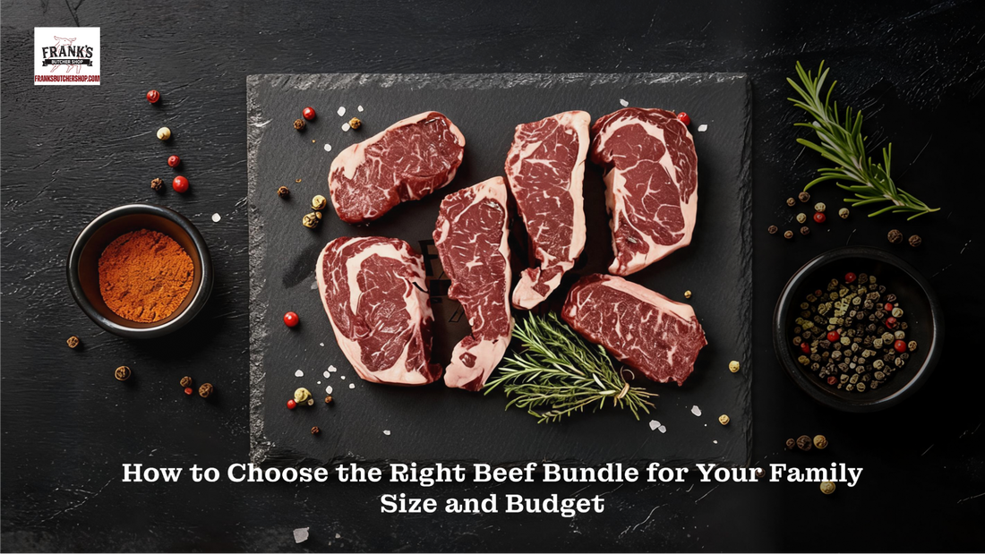 Multiple premium dry-aged beef steaks with visible marbling on dark slate board with red spice, and mixed peppercorns, Frank's Butcher Shop beef bundle.