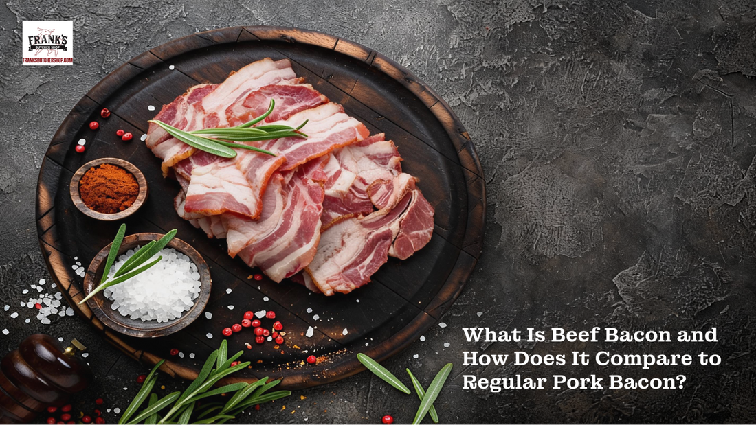 Raw beef bacon strips on dark wooden board with fresh rosemary, sea salt, red pepper flakes, and mixed peppercorns, Frank's Butcher Shop.