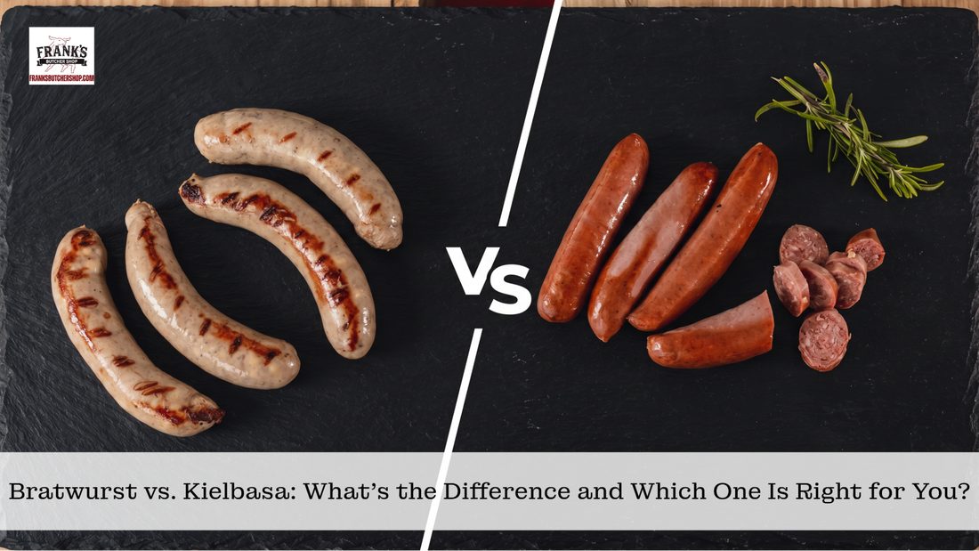 Bratwurst vs kielbasa comparison showing raw bratwurst sausages on left and red kielbasa with sliced pieces on right with rosemary and chalkboard divider.