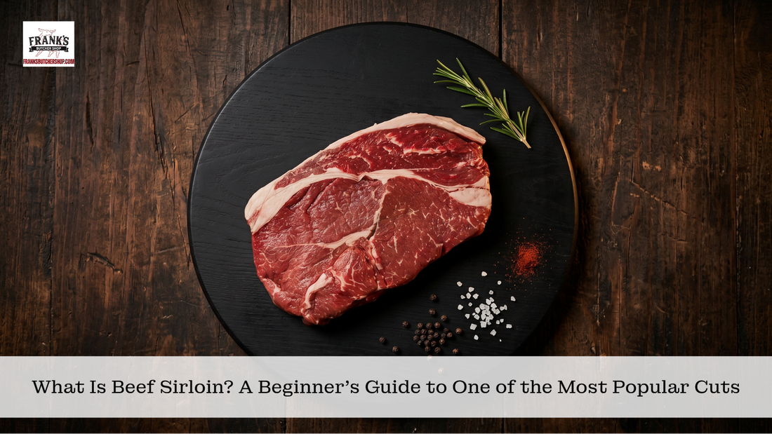 Raw beef sirloin steak on black slate plate with fresh rosemary, sea salt, and peppercorns on dark wood background, ready to cook.