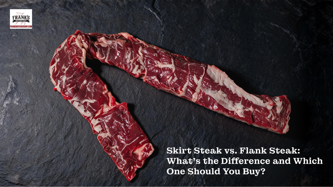 Raw beef skirt steak with visible marbling and grain on dark slate surface, Frank's Butcher Shop Wyoming-raised beef.