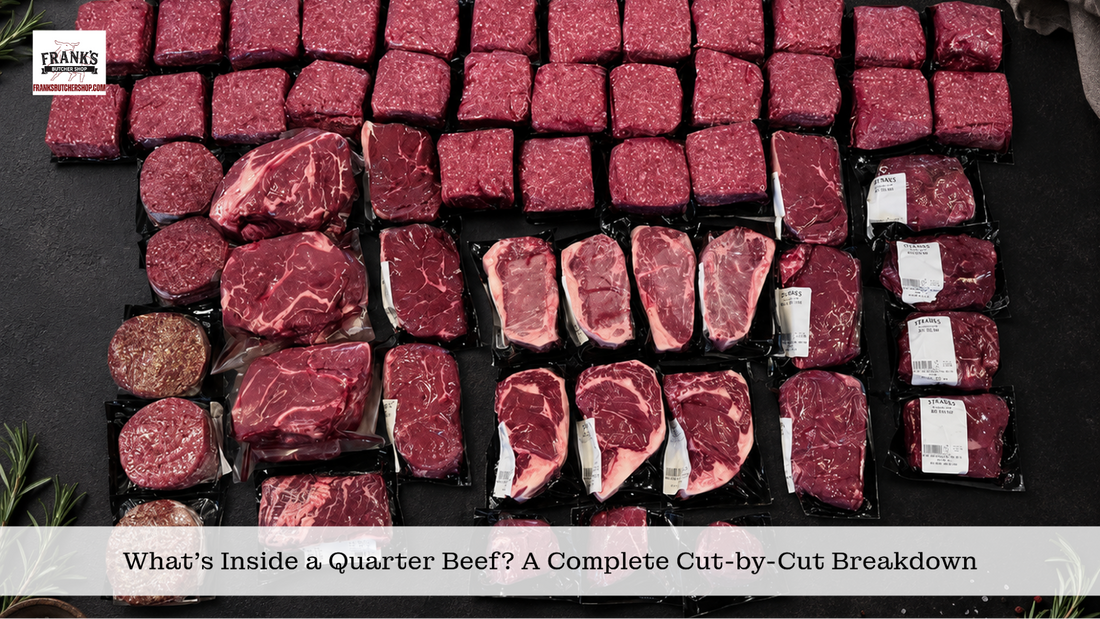 Frank's Quarter Beef Bundle laid out flat: packaged ground beef, roasts, ribeyes, strips, filets and sirloin steaks