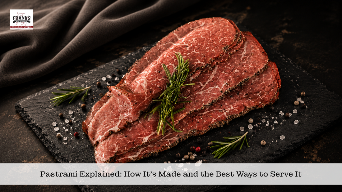 Whole seasoned beef cut for pastrami on dark slate with rosemary and peppercorns