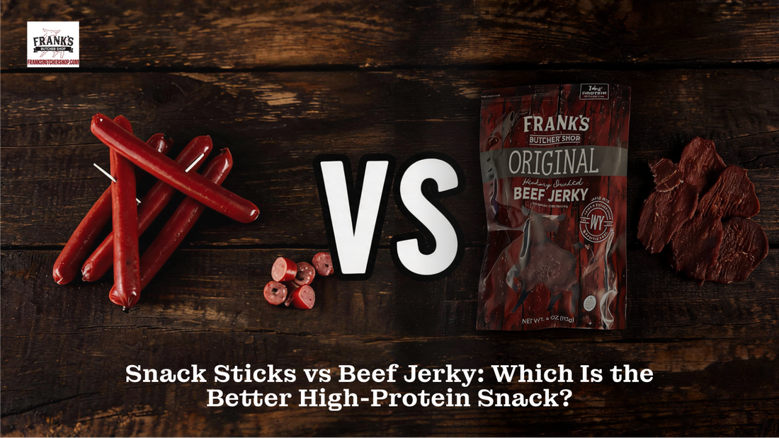 Frank's Butcher Shop snack sticks vs Original Hickory Smoked Beef Jerky side by side comparison on dark wooden surface.