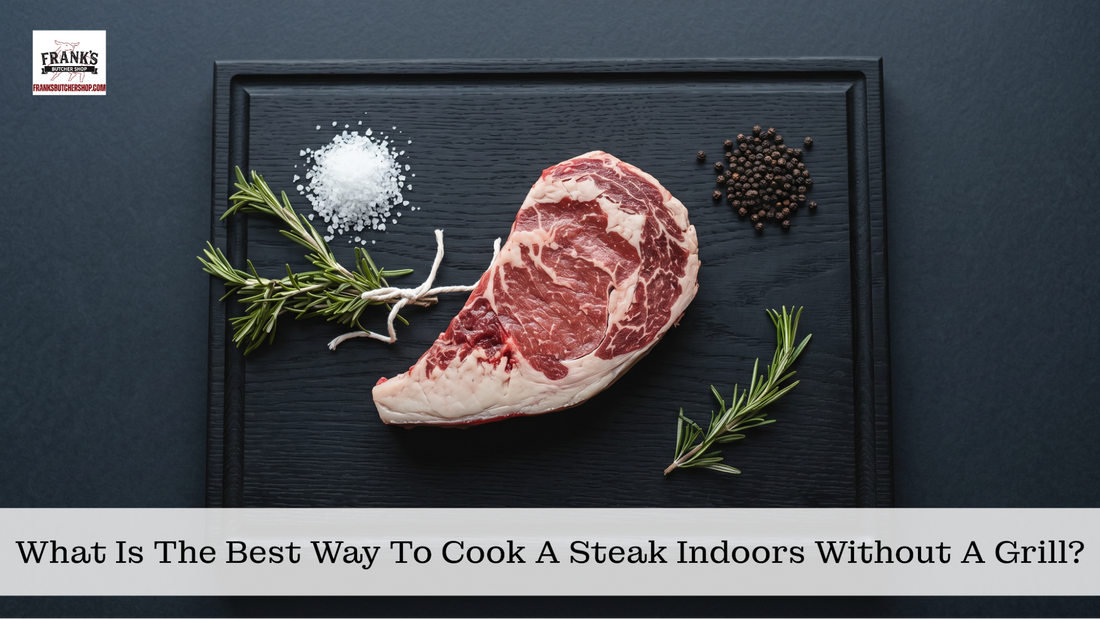 Raw steak on black cutting board with sea salt, peppercorns, and fresh rosemary ready for indoor cooking preparation.